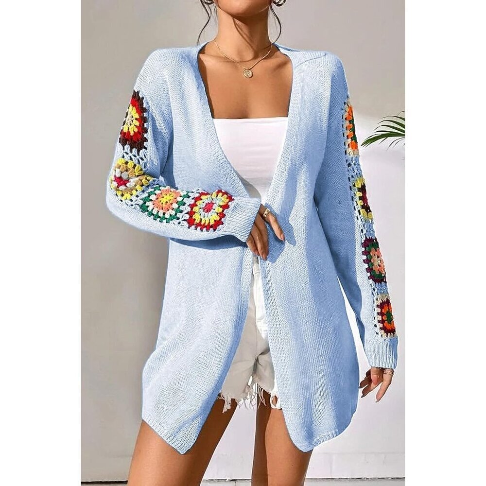 Boho Floral Crochet Cardigan Women Long Sleeve Knit Sweater Casual Warm - Picture 2 of 5